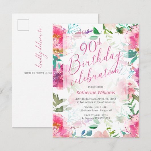 Elke dag 90e verjaardag van tropische Floral Pink  Uitnodiging Briefkaart (Voorkant / Achterkant)