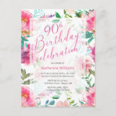 Elke dag 90e verjaardag van tropische Floral Pink  Uitnodiging Briefkaart (Voorkant)