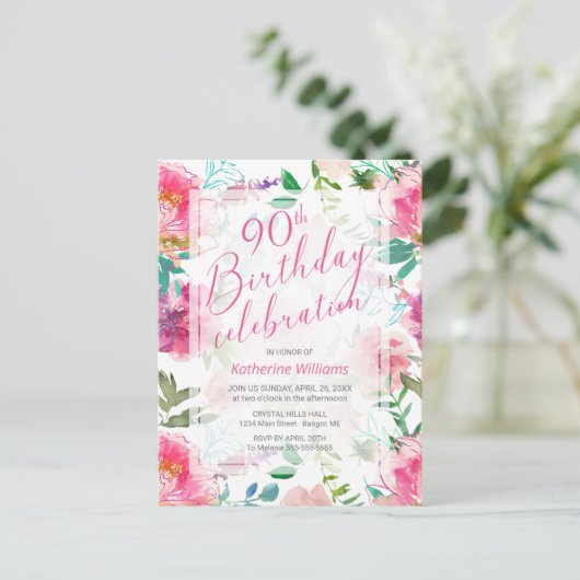 Elke dag 90e verjaardag van tropische Floral Pink  Uitnodiging Briefkaart (Staand voorkant)