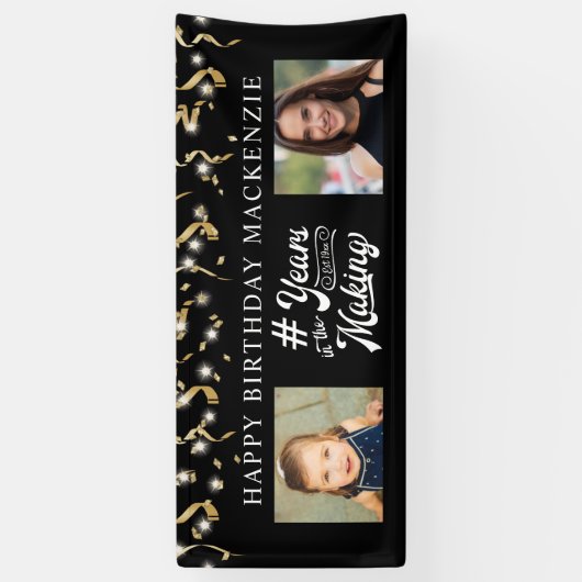 Elke geboortedag Foto jaren in het zwarte goud Spandoek (Verticaal)