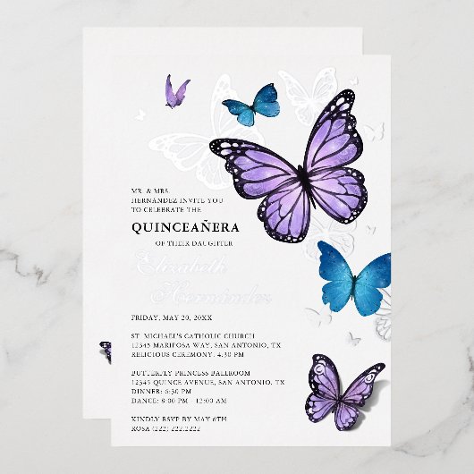 Elke gekleurde vlinder Elegant Quinceanera Folie Uitnodiging (Voorkant / Achterkant)