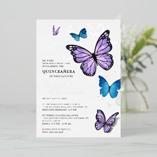 Elke gekleurde vlinder Elegant Quinceanera Folie Uitnodiging (Staand Voorkant)