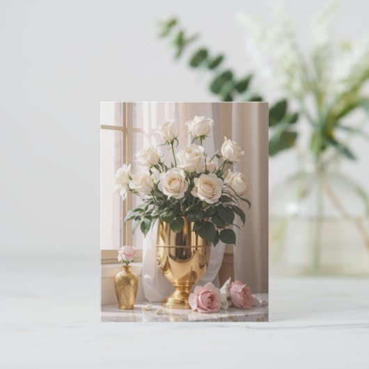 Elke gelegenheid Rose Bouquet gouden vaas in zonli Briefkaart (Staand voorkant)
