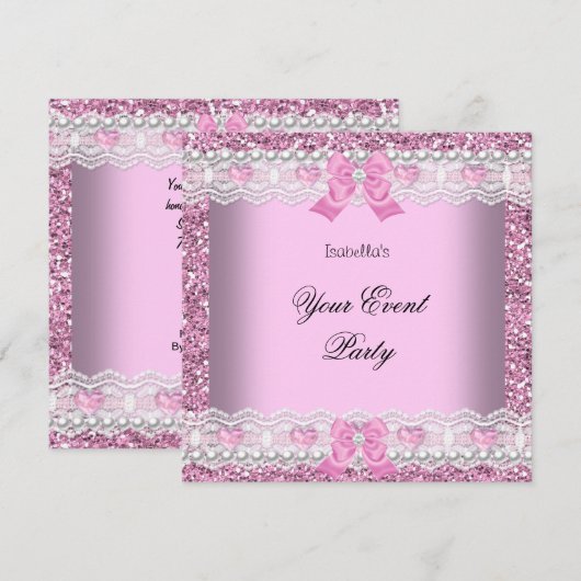 Elke Glitter Pink Lace Heart Silver Kaart (Voorkant / Achterkant)