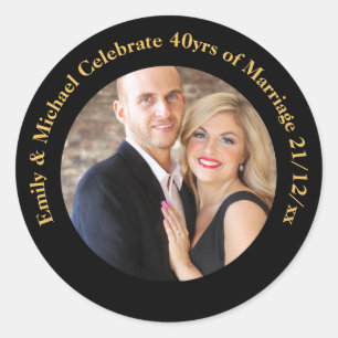 Elke huwelijksverjaardag zwart goud marmer FOTO Ronde Sticker