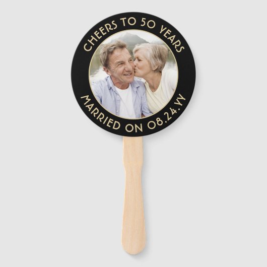 ELKE Jubileum 2 foto Elegant Zwart & Goud Rond Handwaaier (Achterkant)