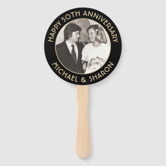 ELKE Jubileum 2 foto Elegant Zwart & Goud Rond Handwaaier (Voorkant)