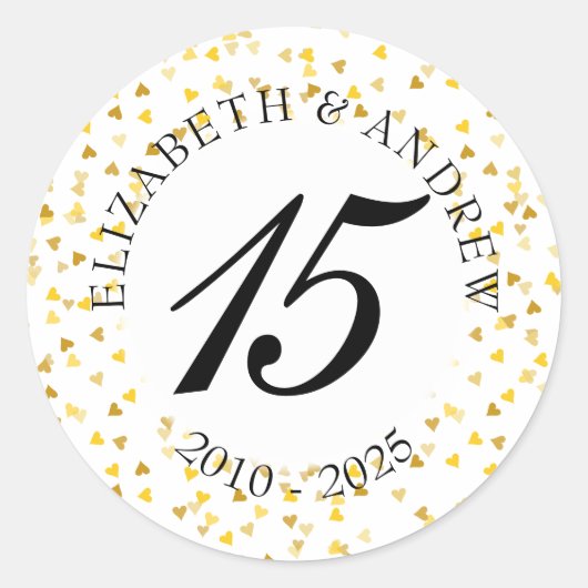 Elke Jubileum Gold Hearts Confetti Ronde Sticker (Voorkant)