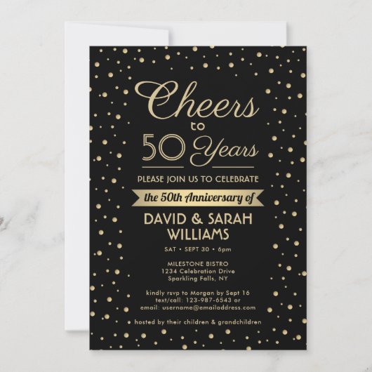 ELKE Jubileum Proost Zwart & Goud Confetti Party Kaart (Voorkant)