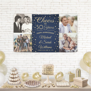 Elke jubileum viering 4 foto's Navyblauw en Goud Spandoek