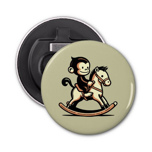 Elke kleur aap op schommelend paard button flesopener (Voorkant)