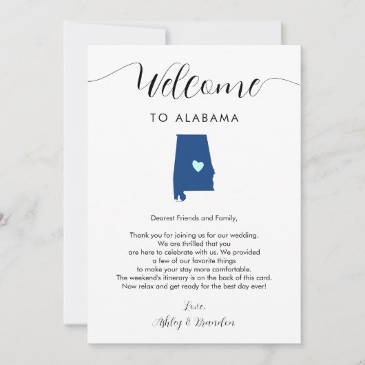 Elke kleur Alabama bruiloft welkomstbrief reissche (Voorkant)