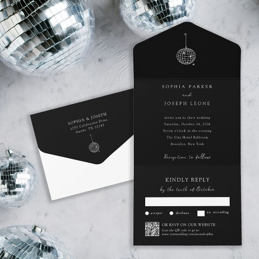 Elke kleur Disco Ball Black | QR-code voor bruilof All In One Uitnodiging