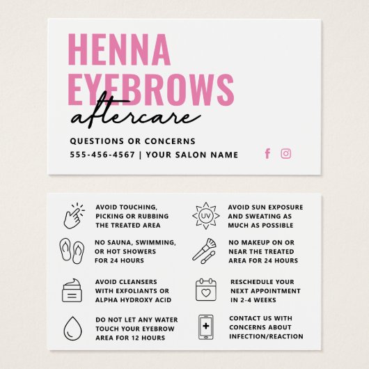 Elke kleur Henna Brows Brows Tint Aftercare Kaart (Voorkant /achterkant)