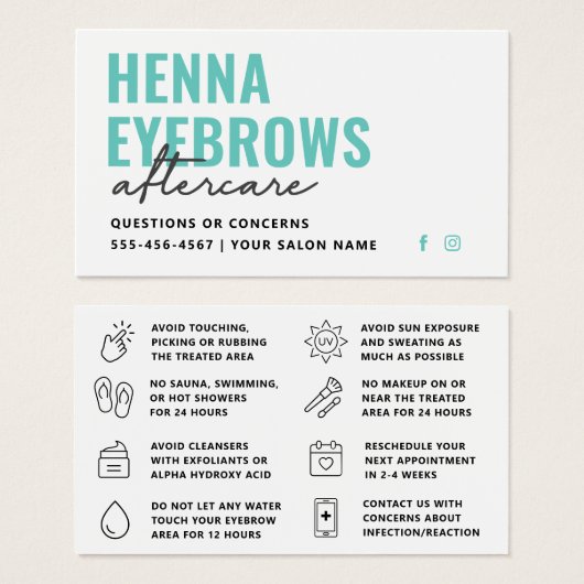 Elke kleur Henna Brows Brows Tint Aftercare Kaart (Voorkant /achterkant)