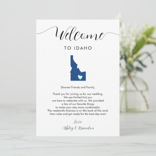 Elke kleur Idaho bruiloft welkomstbrief reisschema (Staand voorkant)