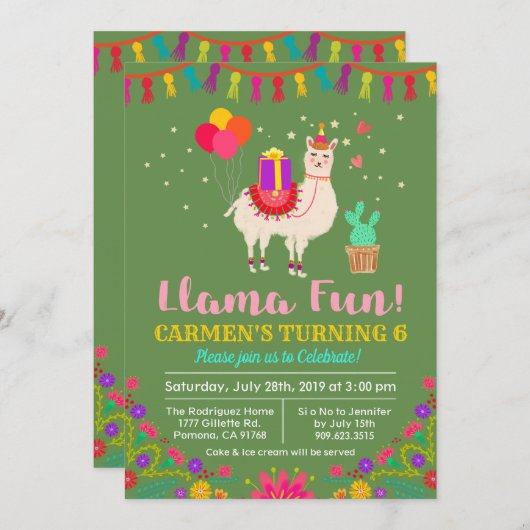 ELKE KLEUR - Llama Verjaardag Uitnodiging (Voorkant / Achterkant)