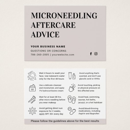 Elke Kleur Microneedling Aftercare Kaart (Voorkant /achterkant)