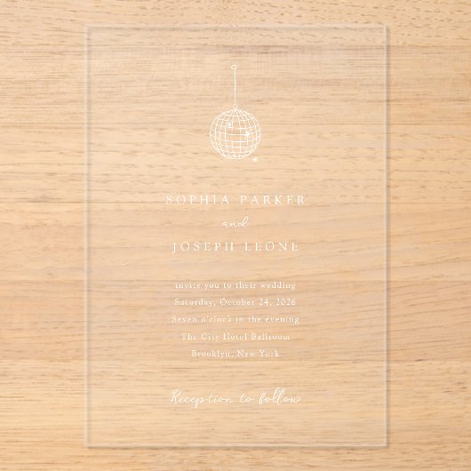 Elke kleur minimalistische discobal | Bruiloft Acryl Uitnodigingen (Voorkant)