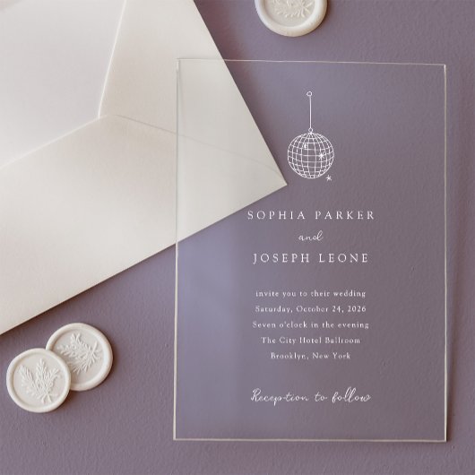 Elke kleur minimalistische discobal | Bruiloft Acryl Uitnodigingen