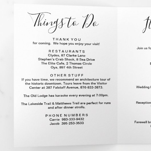 Elke kleur Mississippi bruiloft welkom route Drieluik Programma (Binnenzijde eerst)