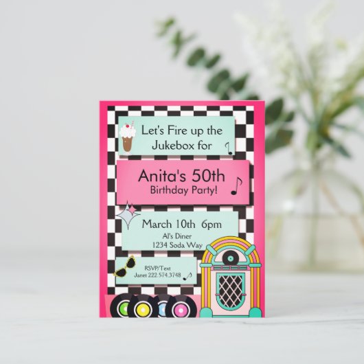 Elke leeftijd, 1950's Diner Birthday Uitnodiging (Staand voorkant)