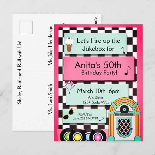 Elke leeftijd, 1950's Diner Birthday Uitnodiging (Voorkant / Achterkant)