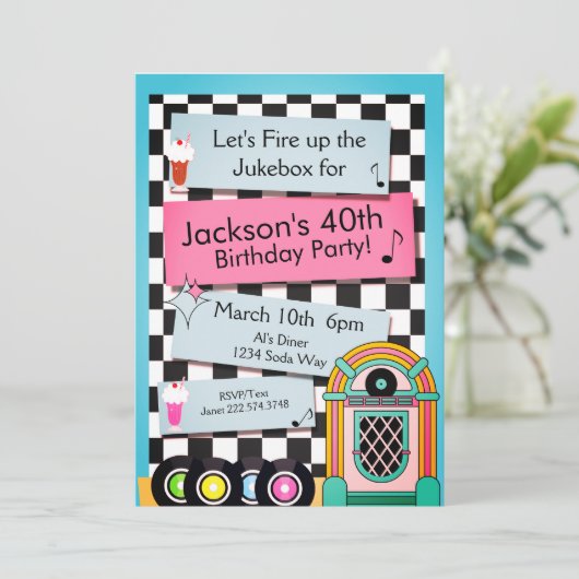 Elke leeftijd, 1950's Diner Birthday Uitnodiging (Staand voorkant)