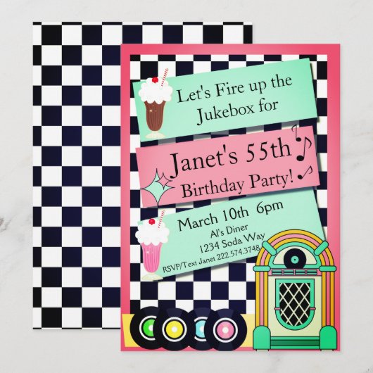 Elke leeftijd, 1950's Diner Birthday Uitnodiging (Voorkant / Achterkant)