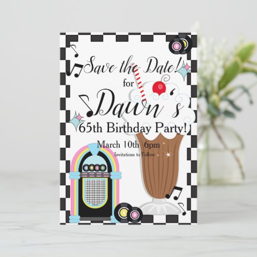 Elke leeftijd, 1950's Retro Birthday Save The Date (Staand voorkant)