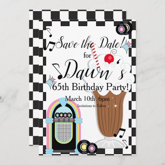 Elke leeftijd, 1950's Retro Birthday Save The Date (Voorkant / Achterkant)