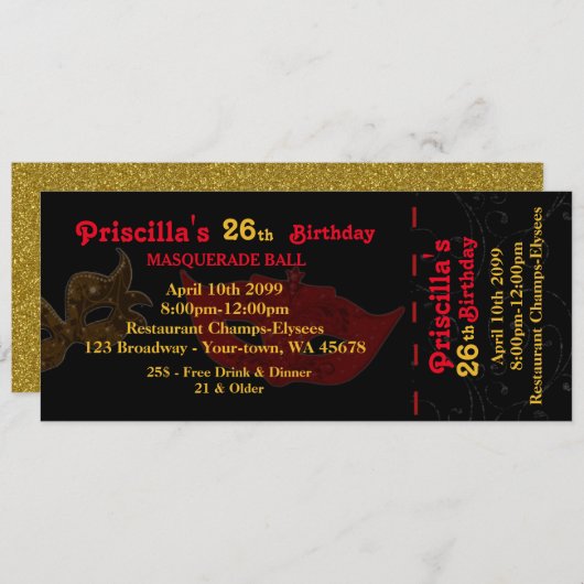 elke leeftijd,26e, Uitnodiging Ticket stijl, Verja (Voorkant / Achterkant)