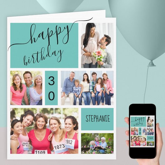 Elke leeftijd 5 Fotocollage Blauwgroen Gepersonali Kaart