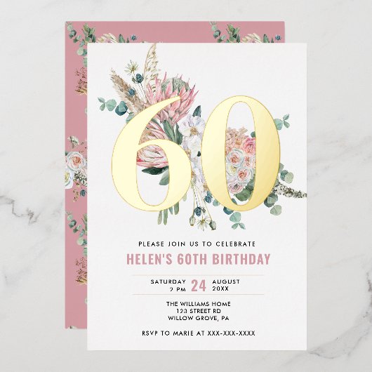 Elke leeftijd Elegant modern Roos Floral Folie Uitnodiging (Voorkant / Achterkant)