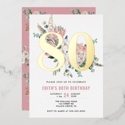 Elke leeftijd Elegant modern Roos Floral Folie Uitnodiging (Voorkant / Achterkant)