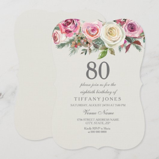 Elke leeftijd Elegant White Rose Floral 80th Birth Kaart (Voorkant / Achterkant)