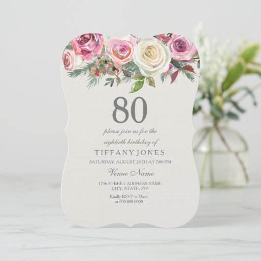 Elke leeftijd Elegant White Rose Floral 80th Birth Kaart (Staand voorkant)