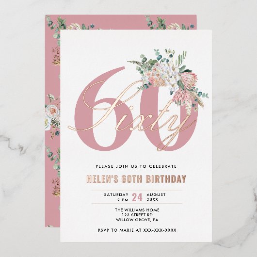 Elke Leeftijd Elegante Moderne Stof Rose Bloem Folie Uitnodiging (Voorkant / Achterkant)