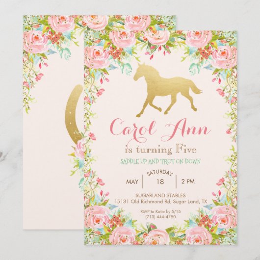 ELKE LEEFTIJD/EVENEMENT - Paard Bloemen Uitnodigin Kaart (Voorkant / Achterkant)