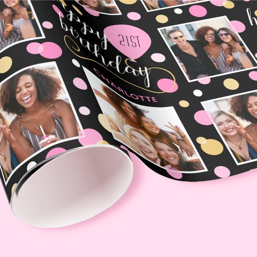 Elke leeftijd Fotocollage Verjaardag Ballon Roze 2 Cadeaupapier