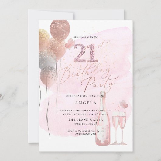 Elke leeftijd, Glitter Balloons Roze Champagne 21s Kaart (Voorkant)