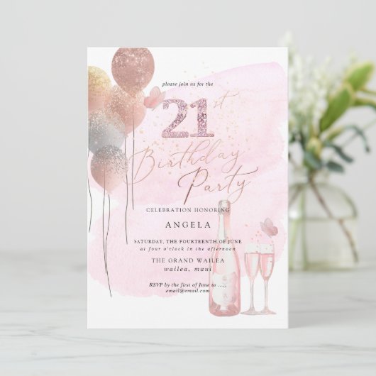Elke leeftijd, Glitter Balloons Roze Champagne 21s Kaart (Staand voorkant)