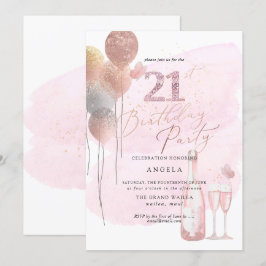 Elke leeftijd, Glitter Balloons Roze Champagne 21s Kaart
