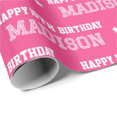 Elke Leeftijd Happy Birthday Retro Custom Roze Wit Cadeaupapier (Rol Hoek)