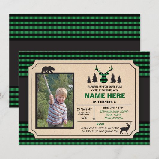 Elke Leeftijd Lumberjack Verjaardag Uitnodigen Che Kaart (Voorkant / Achterkant)