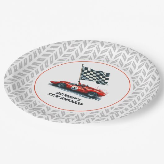  elke leeftijd race auto verjaardagsfeestje papieren bordje (Gekanteld)