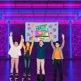 ELKE LEEFTIJD retro 90's feest paars roze blauwgro Spandoek