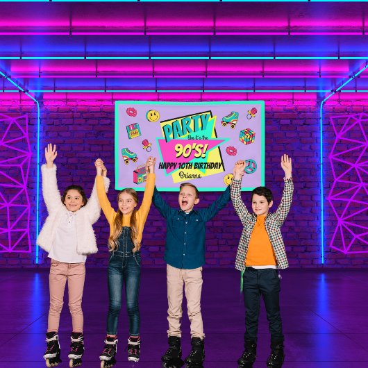 ELKE LEEFTIJD retro 90's feest paars roze blauwgro Spandoek