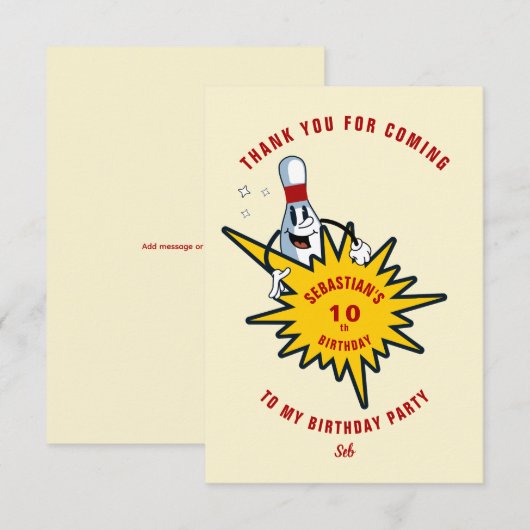 Elke leeftijd retro mascotte bowling verjaardagsfe bedankkaart (Voorkant / Achterkant)