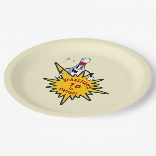 Elke leeftijd retro mascotte bowling verjaardagsfe papieren bordje (Gekanteld)